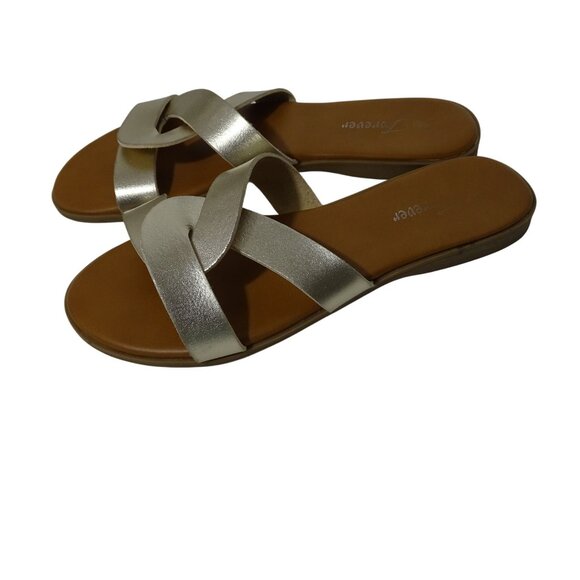 Forever Gold Open Toe Slip On Sandals Flats Women Size 7.5 Faux Leather Straps - Picture 2 of 5